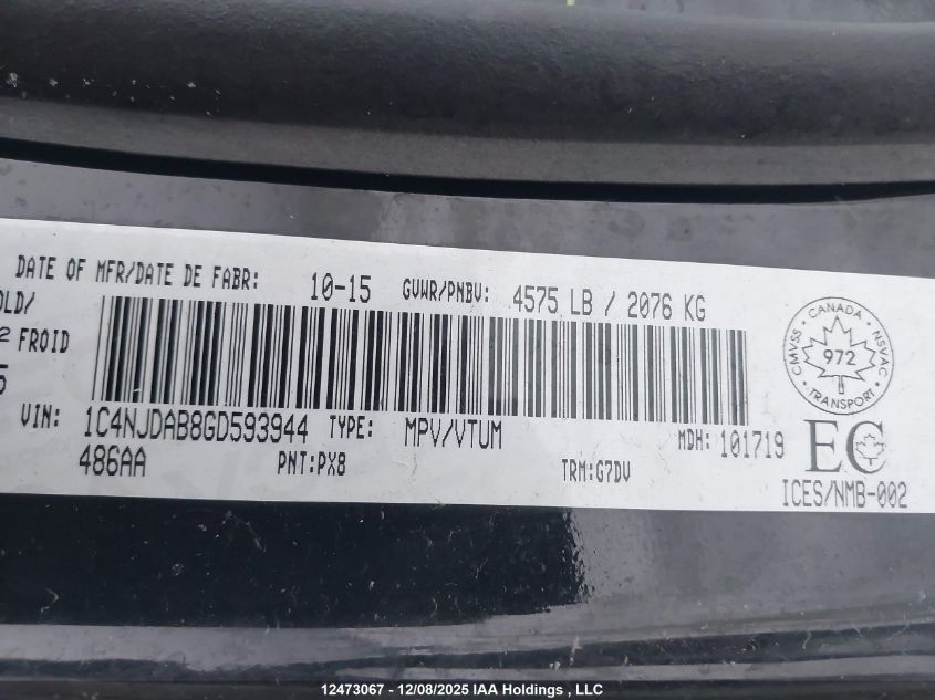 2016 Jeep Compass Sport/North VIN: 1C4NJDAB8GD593944 Lot: 12473067