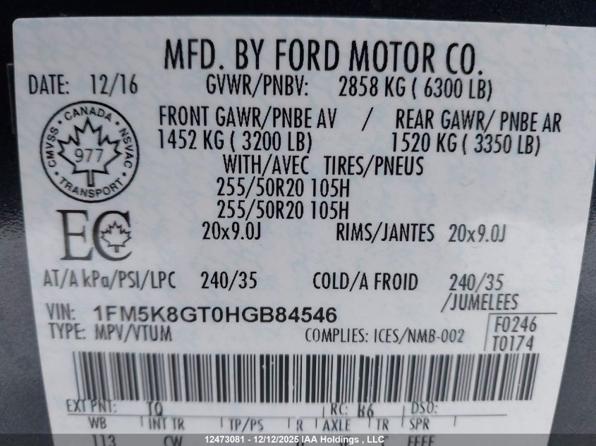 2017 Ford Explorer Sport VIN: 1FM5K8GT0HGB84546 Lot: 12473081