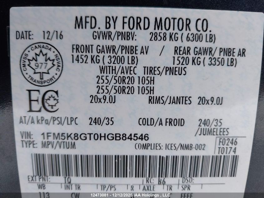 2017 Ford Explorer Sport VIN: 1FM5K8GT0HGB84546 Lot: 12473081