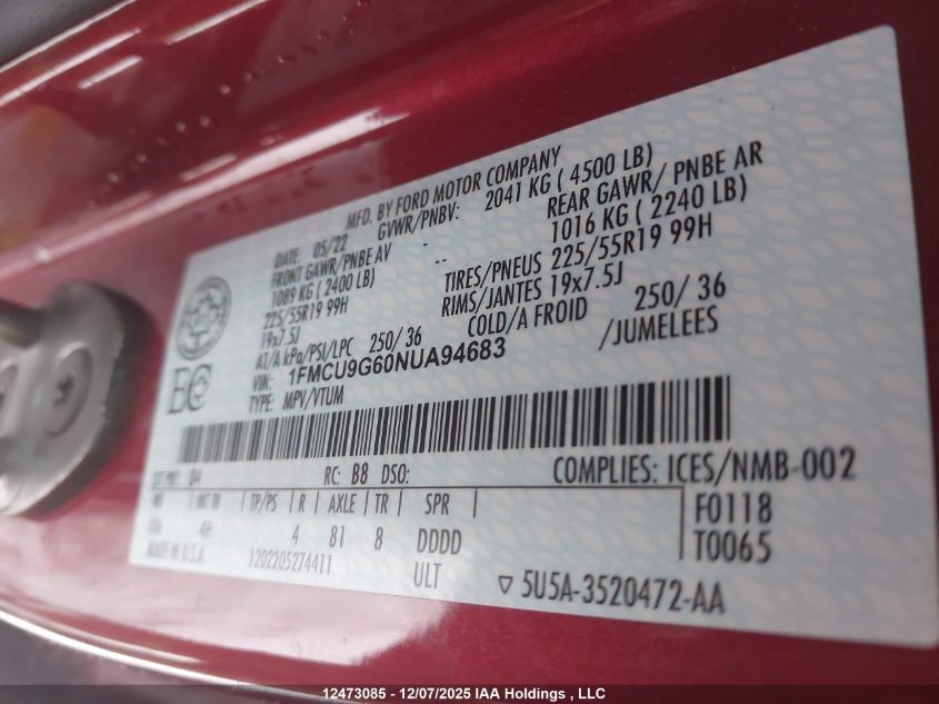 2022 Ford Escape Se VIN: 1FMCU9G60NUA94683 Lot: 12473085