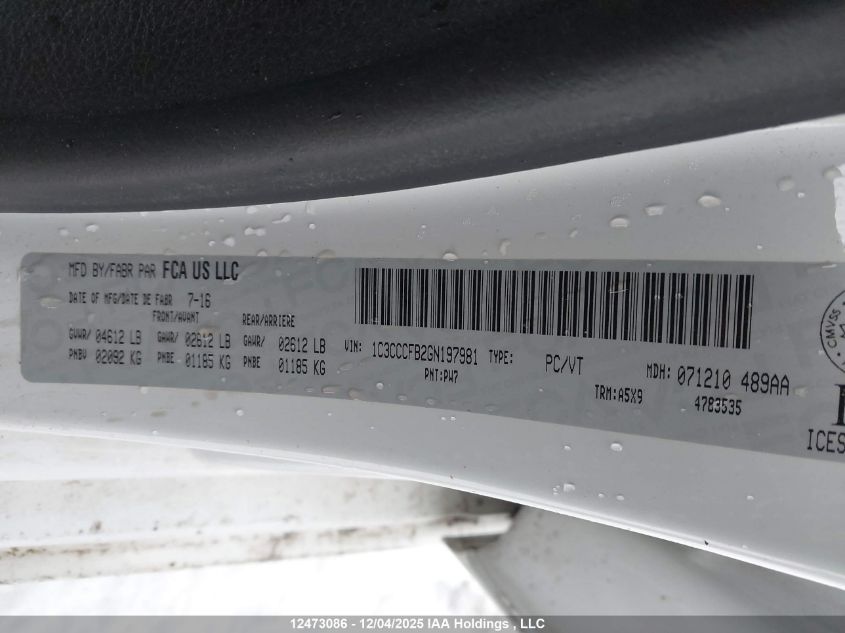 2016 Chrysler 200 Lx VIN: 1C3CCCFB2GN197981 Lot: 12473086