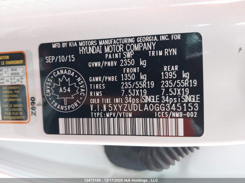 2016 Hyundai Santa Fe Sport 2.0T Limited VIN: 5XYZUDLA0GG345153 Lot: 12473100