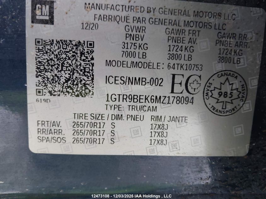 2021 GMC Sierra K1500 Sle VIN: 1GTR9BEK6MZ178094 Lot: 12473108