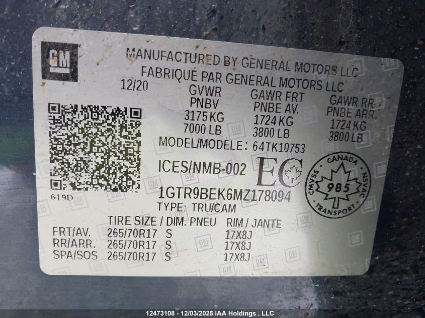 2021 GMC Sierra K1500 Sle VIN: 1GTR9BEK6MZ178094 Lot: 12473108