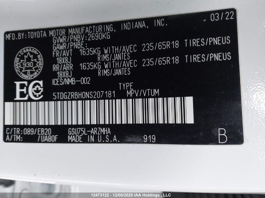 2022 Toyota Highlander Xle VIN: 5TDGZRBH0NS207181 Lot: 12473122