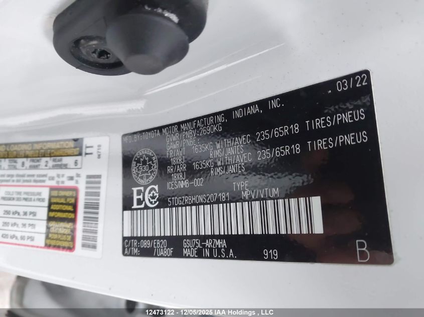 2022 Toyota Highlander Xle VIN: 5TDGZRBH0NS207181 Lot: 12473122