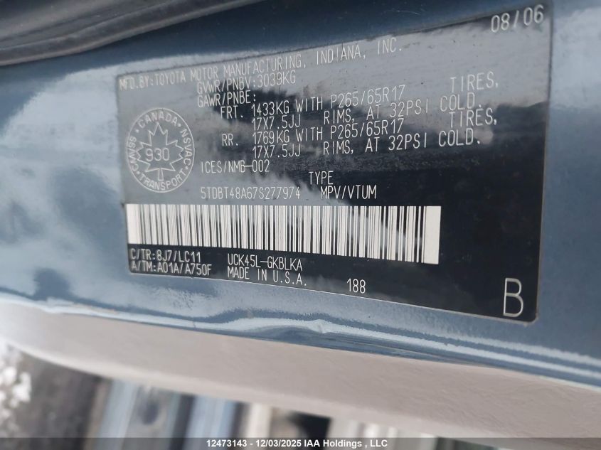 2007 Toyota Sequoia Limited V8 VIN: 5TDBT48A67S277974 Lot: 12473143