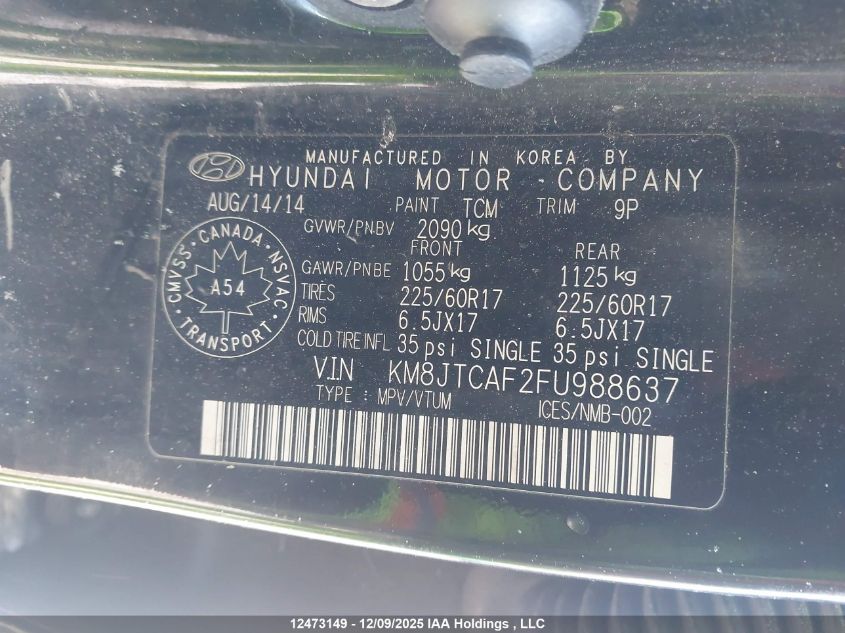 2015 Hyundai Tucson Gl VIN: KM8JTCAF2FU988637 Lot: 12473149