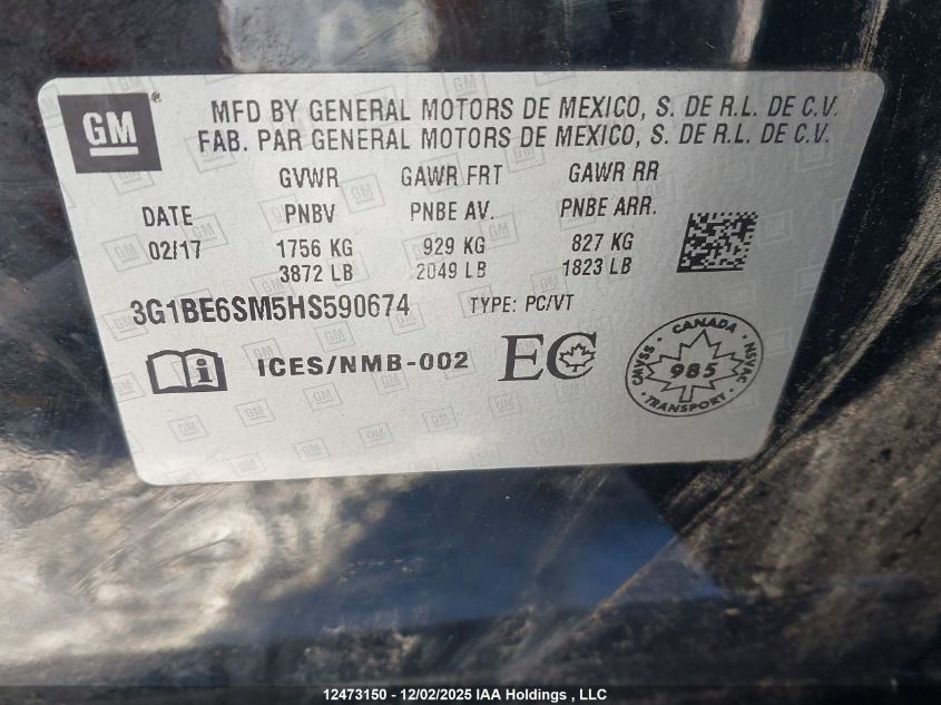 2017 Chevrolet Cruze Lt Auto VIN: 3G1BE6SM5HS590674 Lot: 12473150