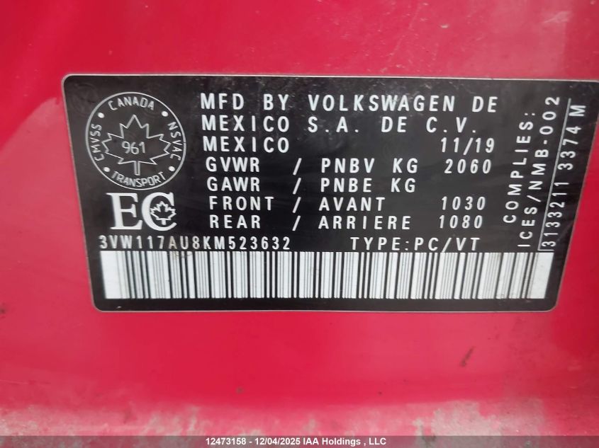2019 Volkswagen Golf Sportwagen 1.8 Tsi Comfortline/1.8 Tsi Highline VIN: 3VW117AU8KM523632 Lot: 12473158