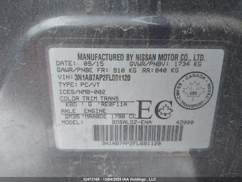 2015 Nissan Sentra VIN: 3N1AB7AP2FL681120 Lot: 12473165