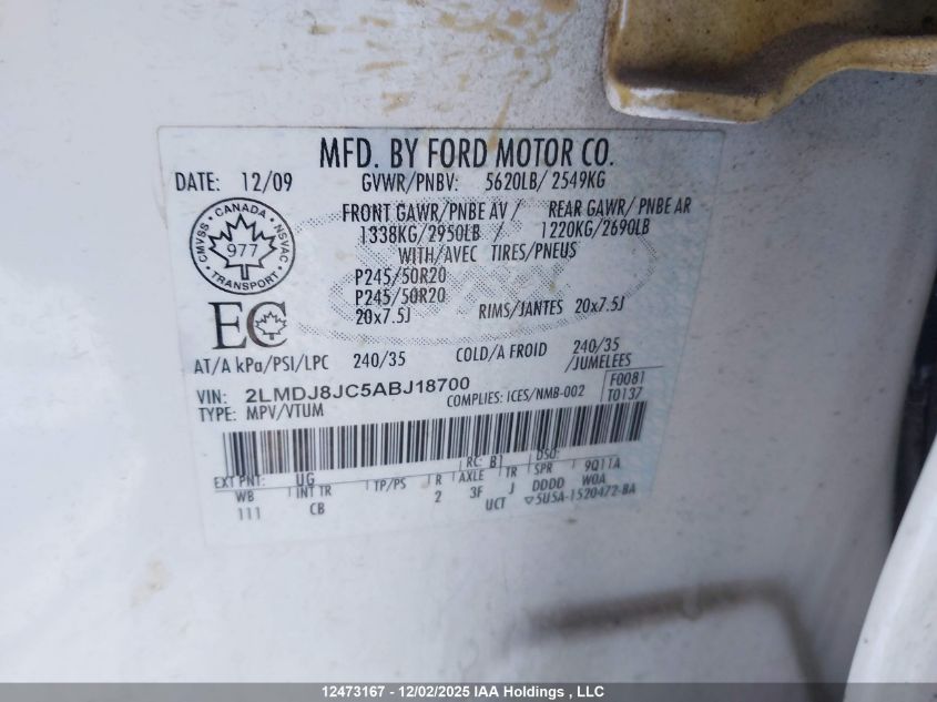 2010 Lincoln Mkx VIN: 2LMDJ8JC5ABJ18700 Lot: 12473167