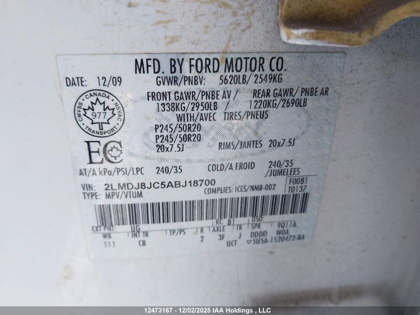 2010 Lincoln Mkx VIN: 2LMDJ8JC5ABJ18700 Lot: 12473167