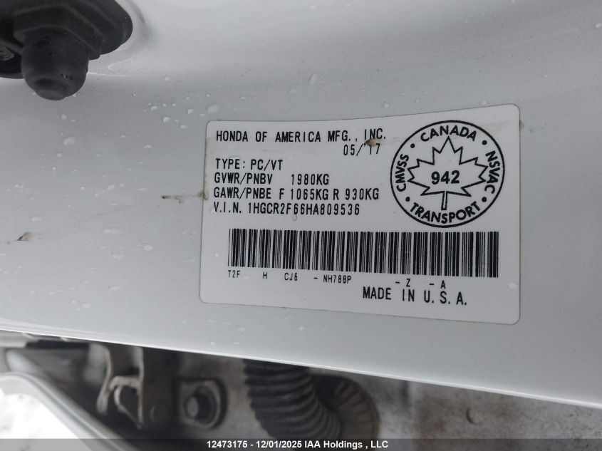 2017 Honda Accord Sport VIN: 1HGCR2F66HA809536 Lot: 12473175