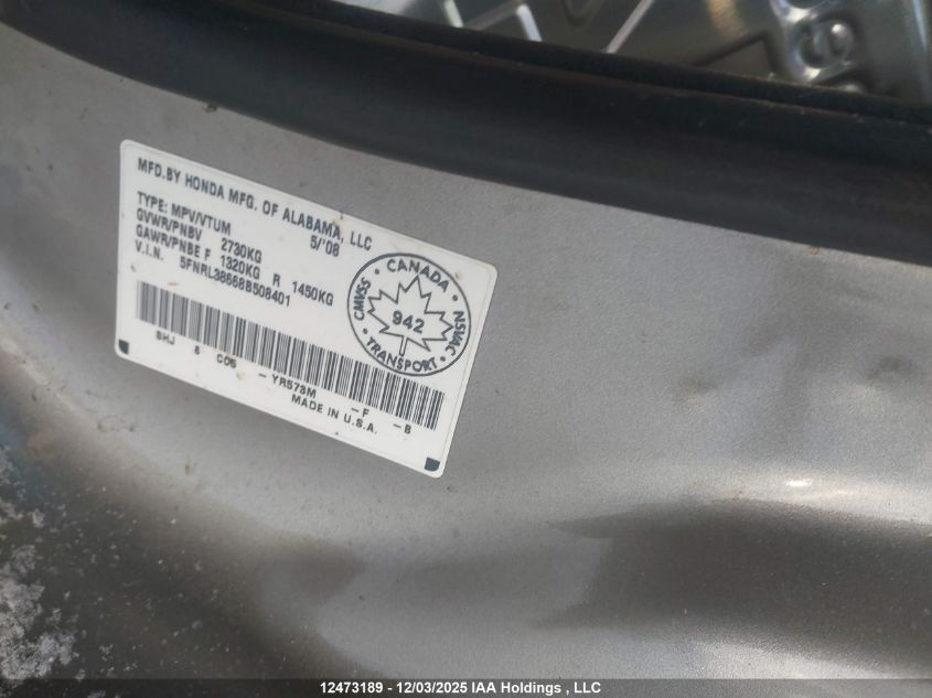 2008 Honda Odyssey Exl VIN: 5FNRL38668B508401 Lot: 12473189