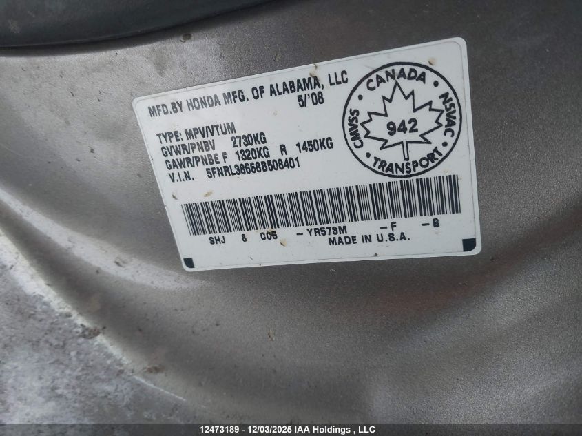 2008 Honda Odyssey Exl VIN: 5FNRL38668B508401 Lot: 12473189
