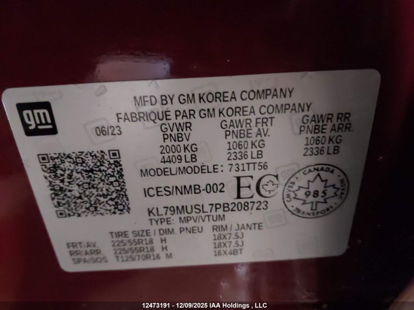 2023 Chevrolet Trailblazer Rs VIN: KL79MUSL7PB208723 Lot: 12473191