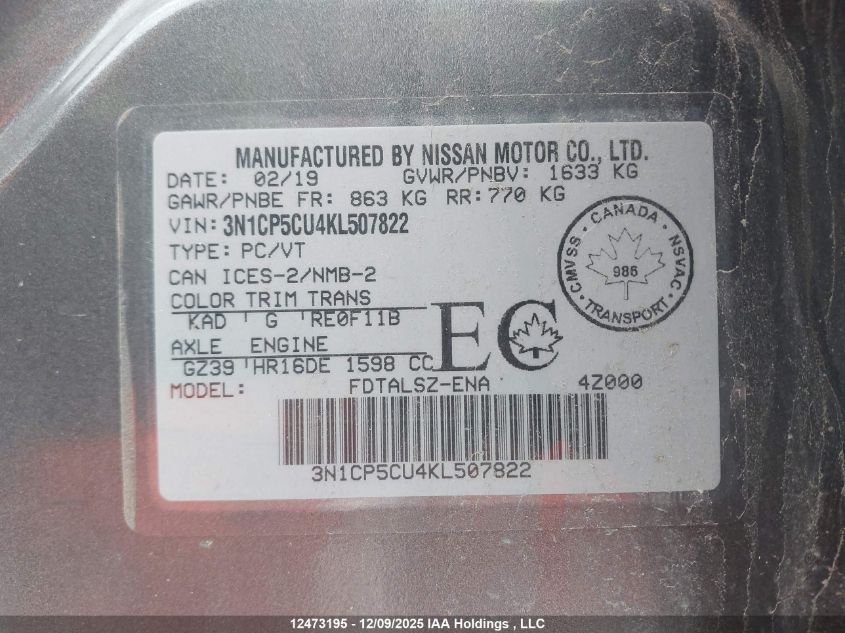 2019 Nissan Kicks S/Sr/Sv VIN: 3N1CP5CU4KL507822 Lot: 12473195