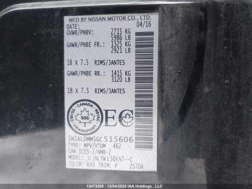 2016 Infiniti Qx60 VIN: 5N1AL0MM5GC515606 Lot: 12473205