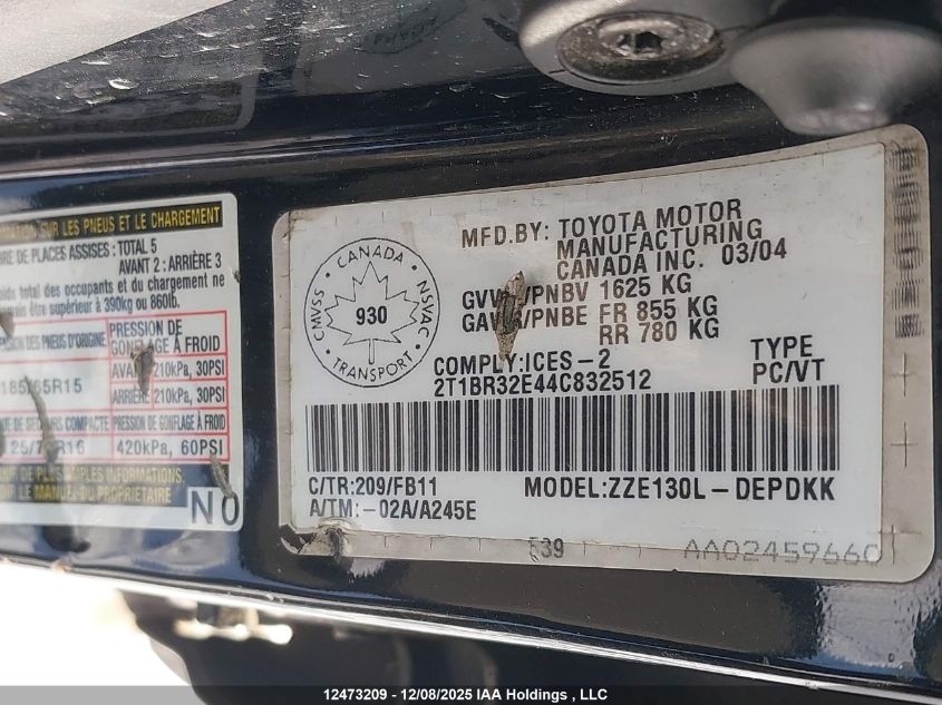 2004 Toyota Corolla Ce/Le/Sport VIN: 2T1BR32E44C832512 Lot: 12473209