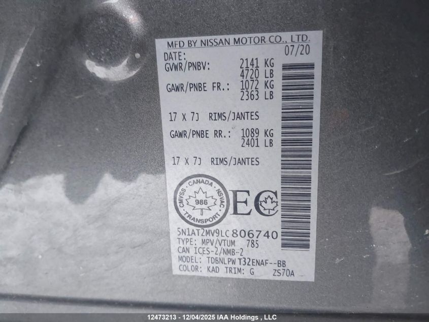 2020 Nissan Rogue S/Sl/Sv VIN: 5N1AT2MV9LC806740 Lot: 12473213