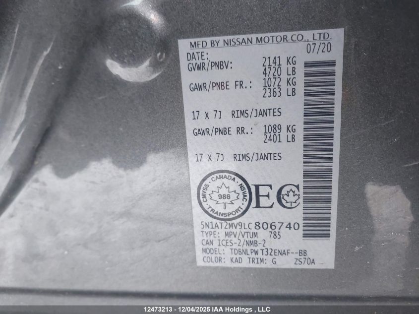 2020 Nissan Rogue S/Sl/Sv VIN: 5N1AT2MV9LC806740 Lot: 12473213