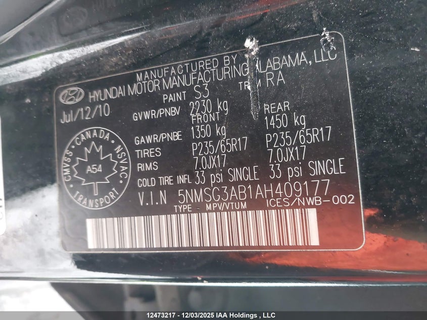5NMSG3AB1AH409177 2010 HYUNDAI SANTA FE photo no. 9