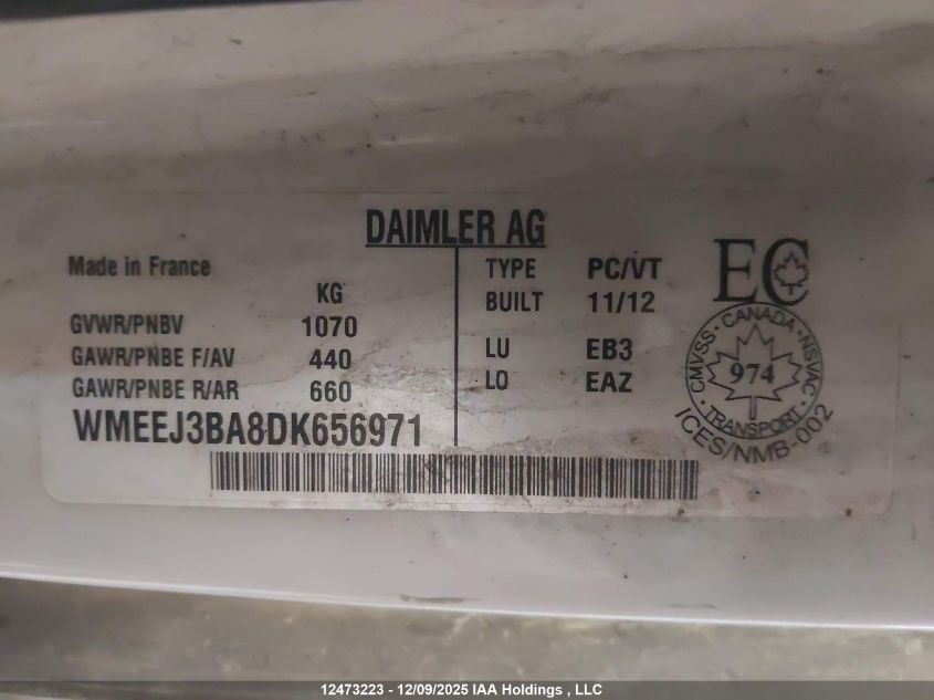 2013 Smart Fortwo Pure/Passion VIN: WMEEJ3BA8DK656971 Lot: 12473223