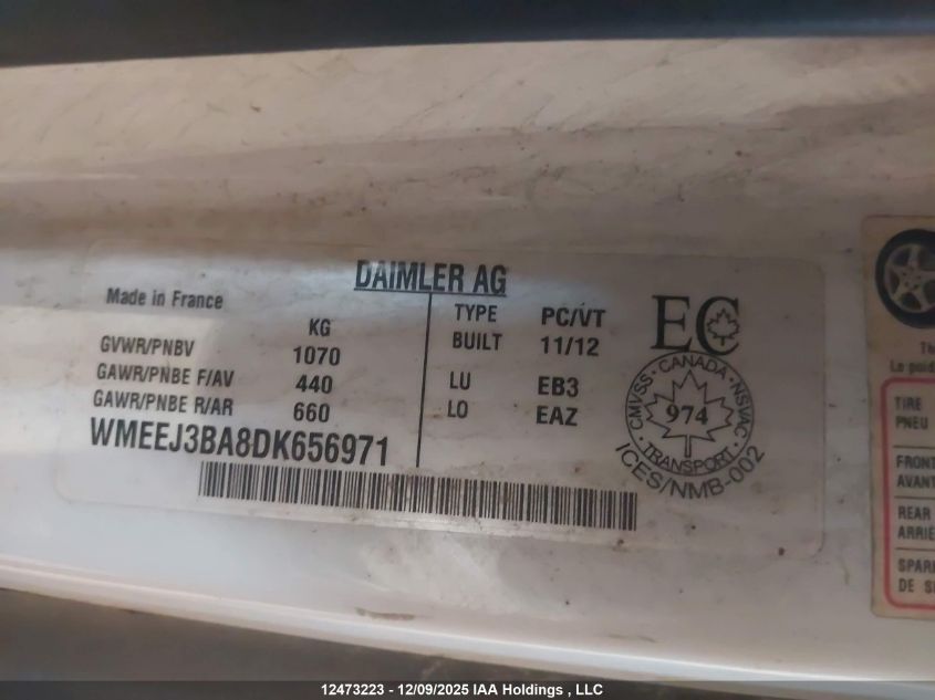 2013 Smart Fortwo Pure/Passion VIN: WMEEJ3BA8DK656971 Lot: 12473223