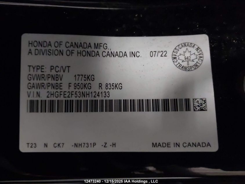 2022 Honda Civic Sport VIN: 2HGFE2F53NH124133 Lot: 12473240