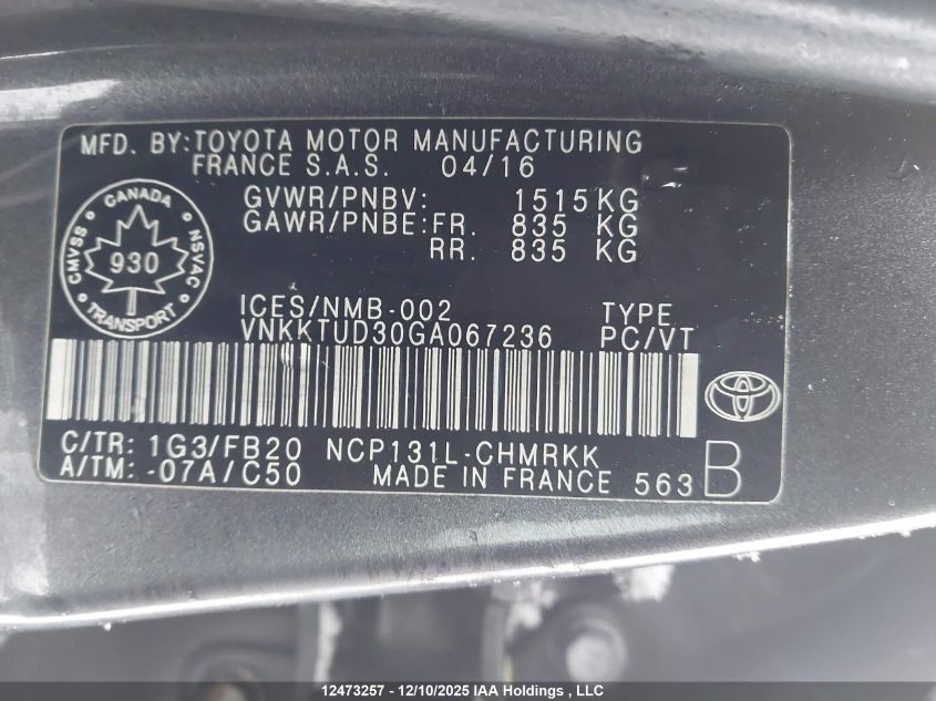 2016 Toyota Yaris L/Le/Se VIN: VNKKTUD30GA067236 Lot: 12473257