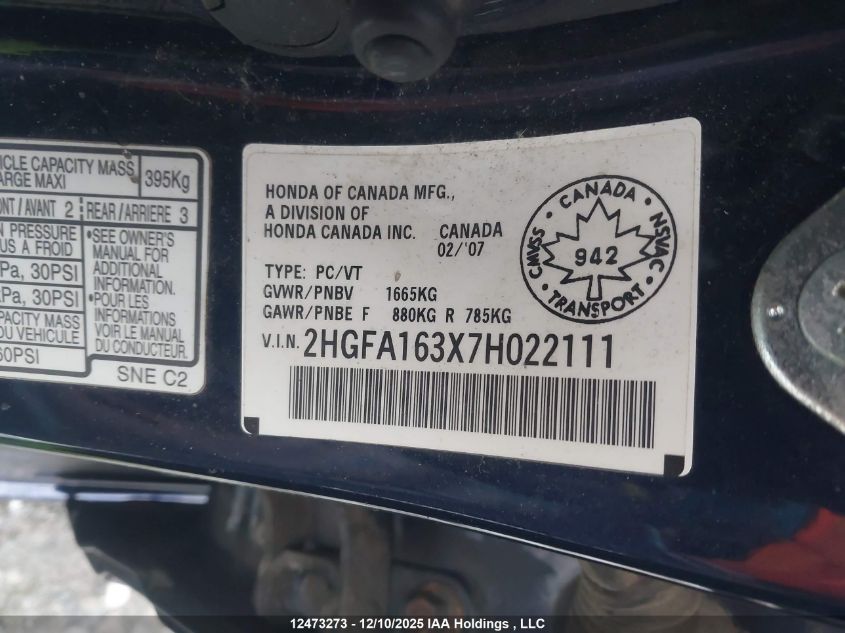 2007 Honda Civic VIN: 2HGFA163X7H022111 Lot: 12473273