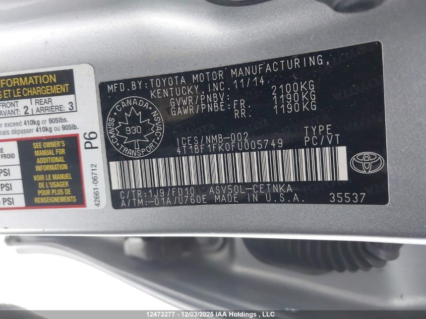 2015 Toyota Camry Le VIN: 4T1BF1FK0FU005749 Lot: 12473277