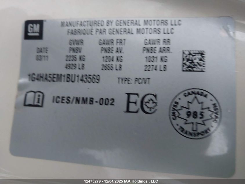 2011 Buick Lucerne Cx VIN: 1G4HA5EM1BU143569 Lot: 12473279