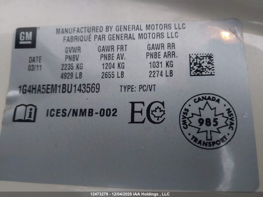 2011 Buick Lucerne Cx VIN: 1G4HA5EM1BU143569 Lot: 12473279