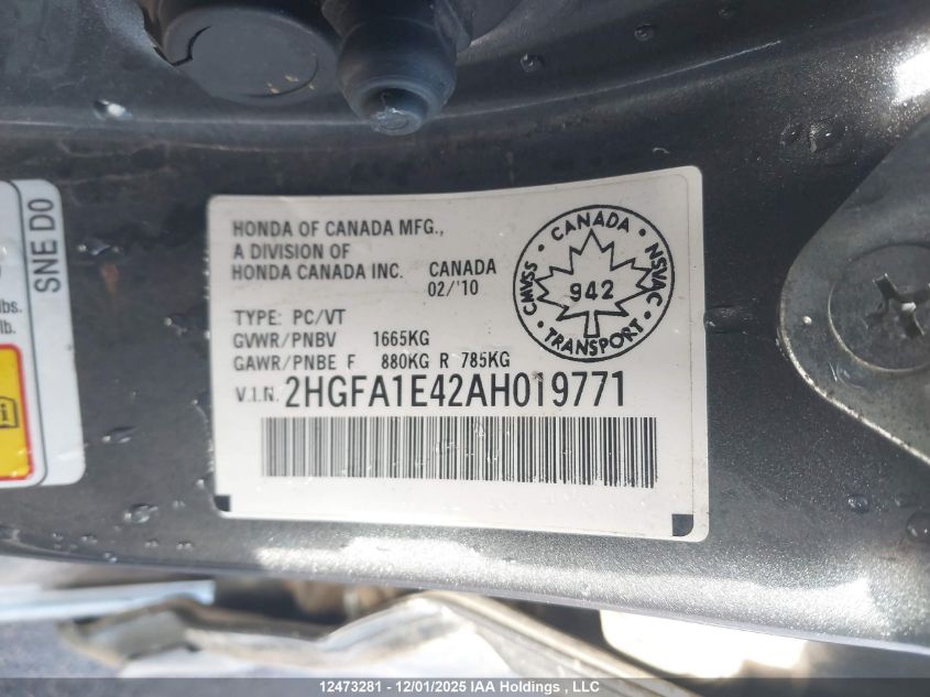 2010 Honda Civic Dx-G VIN: 2HGFA1E42AH019771 Lot: 12473281