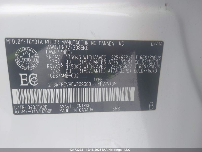 2014 Toyota Rav4 Xle VIN: 2T3RFREV9EW209688 Lot: 12473292