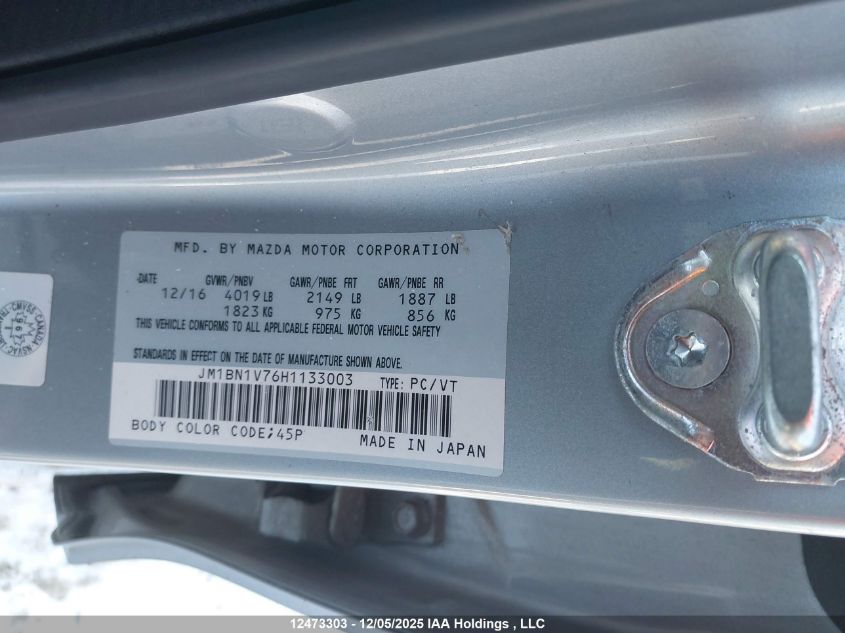 2017 Mazda Mazda3 VIN: JM1BN1V76H1133003 Lot: 12473303