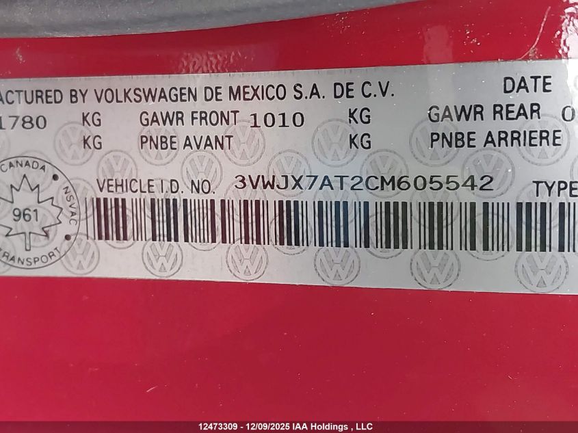2012 Volkswagen Beetle 2.5L Comfortline/2.5L Highline/Premiere/Premiere+ VIN: 3VWJX7AT2CM605542 Lot: 12473309