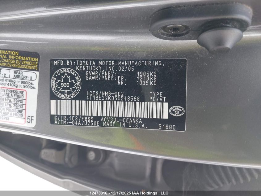 2005 Toyota Camry Le/Se/Std/Xle VIN: 4T1BE32K05U548568 Lot: 12473316