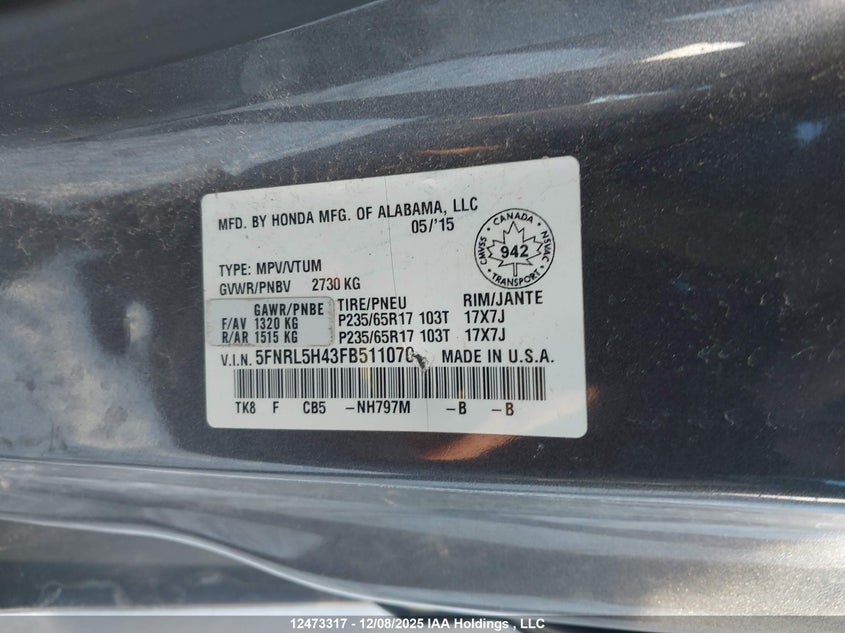 5FNRL5H43FB511070 2015 HONDA ODYSSEY photo no. 9