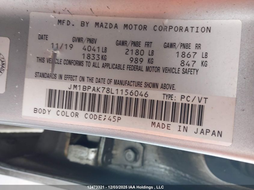 2020 Mazda Mazda3 Gx VIN: JM1BPAK78L1156046 Lot: 12473321