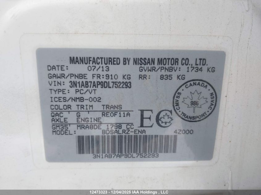 2013 Nissan Sentra 1.8 S/1.8 Sv VIN: 3N1AB7AP9DL752293 Lot: 12473323