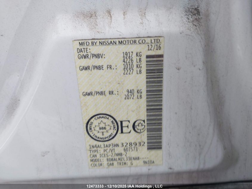 2017 Nissan Altima VIN: 1N4AL3AP3HN328932 Lot: 12473333