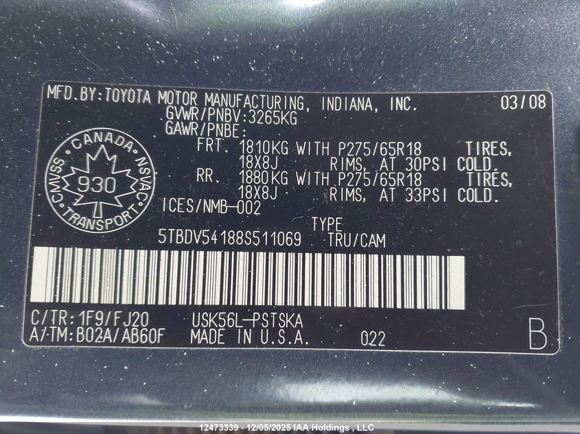 5TBDV54188S511069 2008 TOYOTA TUNDRA photo no. 9
