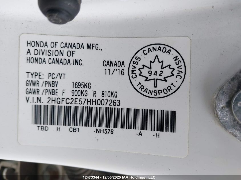 2017 Honda Civic VIN: 2HGFC2E57HH007263 Lot: 12473344