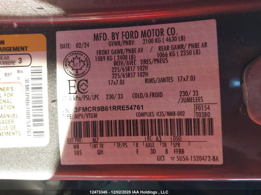 2024 Ford Bronco Sport Big Bend VIN: 3FMCR9B61RRE54761 Lot: 12473345