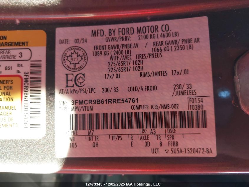 2024 Ford Bronco Sport Big Bend VIN: 3FMCR9B61RRE54761 Lot: 12473345