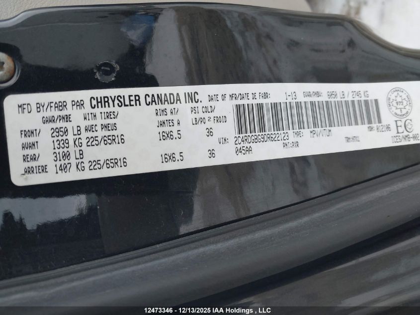 2013 Dodge Grand Caravan Se/Sxt VIN: 2C4RDGBG9DR622123 Lot: 12473346