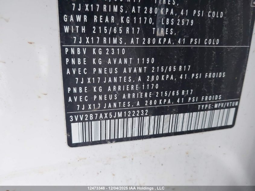 2018 Volkswagen Tiguan Comfortline VIN: 3VV2B7AX5JM122232 Lot: 12473348